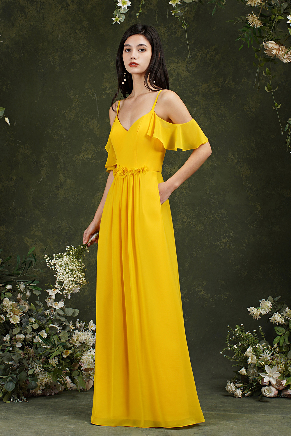 A-line Spaghetti Straps Sweetheart Neck Cap Sleeves Floor-length 100D Chiffon Bridesmaid Gown With Pockets 2