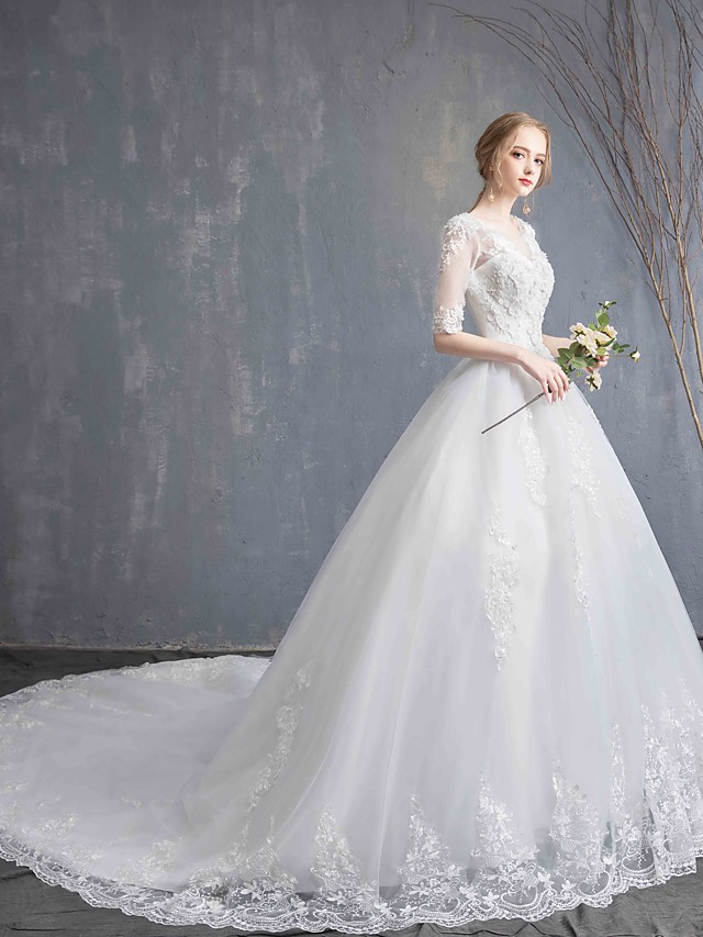 Ball Gown Scoop Neck Half-Sleeves Chapel Train Lace Bridal Gown With Lace 11
