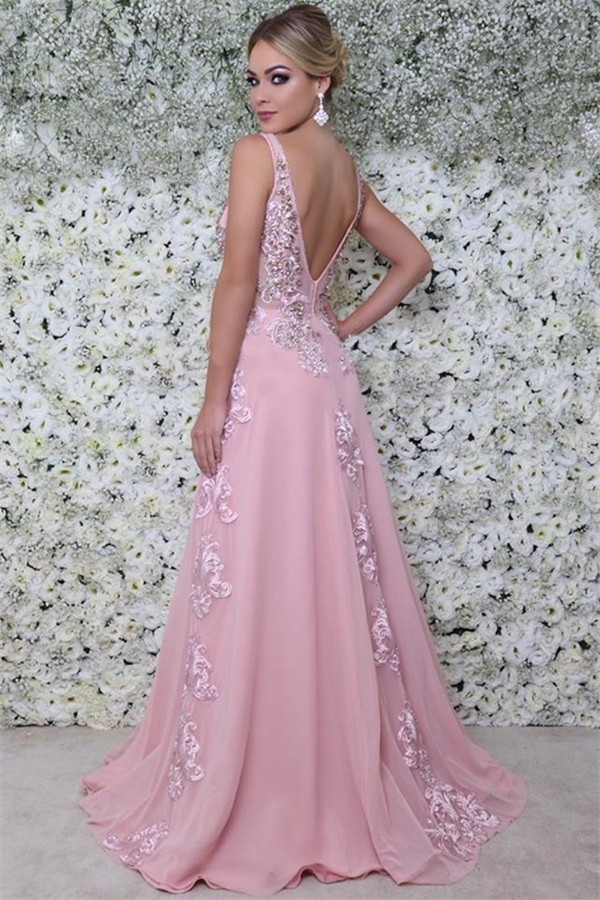 A-line V-neck Sleeveless Sweep / Brush Train Formal Dress With Crystal 2
