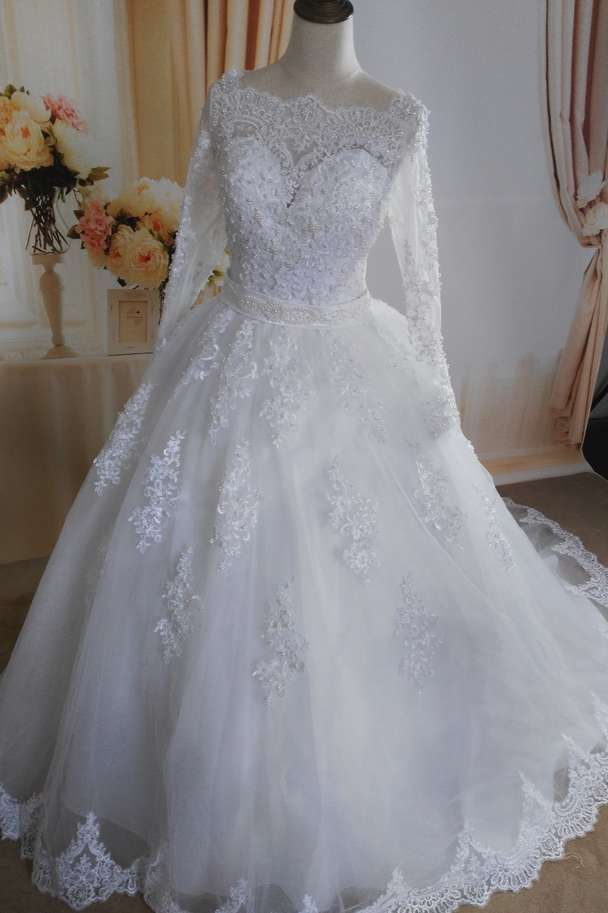 A-line Long Sleeves Floor-length Tulle Wedding Dress With Lace 1