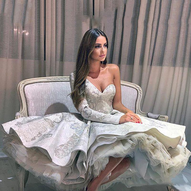 A-line One Shoulder Long Sleeves Knee-length Lace Wedding Gown With Lace 2