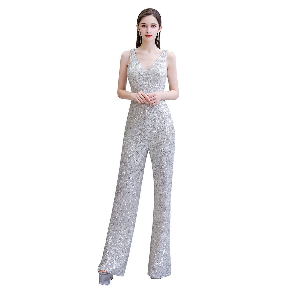 Shining V-neck Silver Sequin Sleeveless Prom Jumpsuit 3