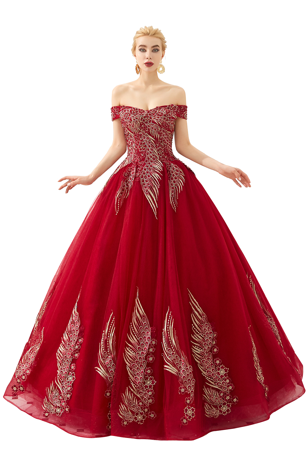 Ball Gown Off-the-shoulder Cap Sleeves Sweep / Brush Train Tulle Formal Dress With Beading 3