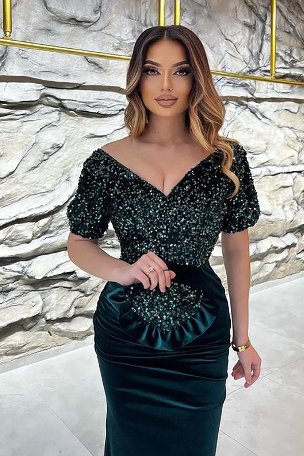 Column V-neck Half-Sleeves Floor-length Spandex Evening Dress With Appliques 5