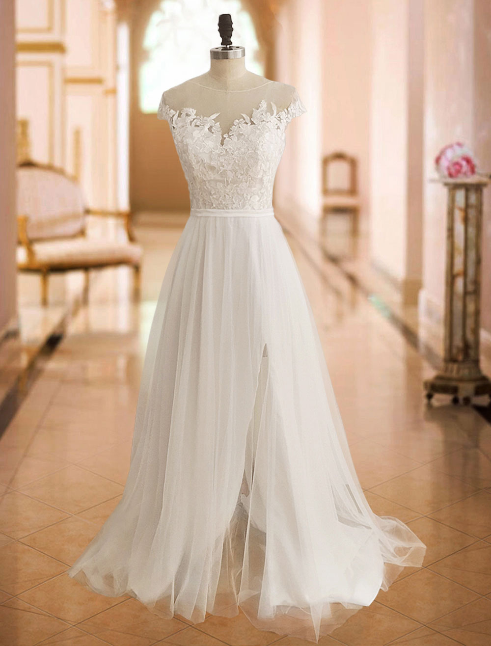 A-line Off-the-shoulder Short Sleeves Court Train Lace Wedding Gown With Lace 3