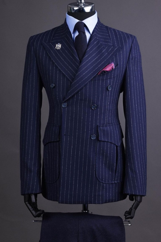 Dark Blue Striped Double Breasted Men Suit for Business with Peaked Lapel 1