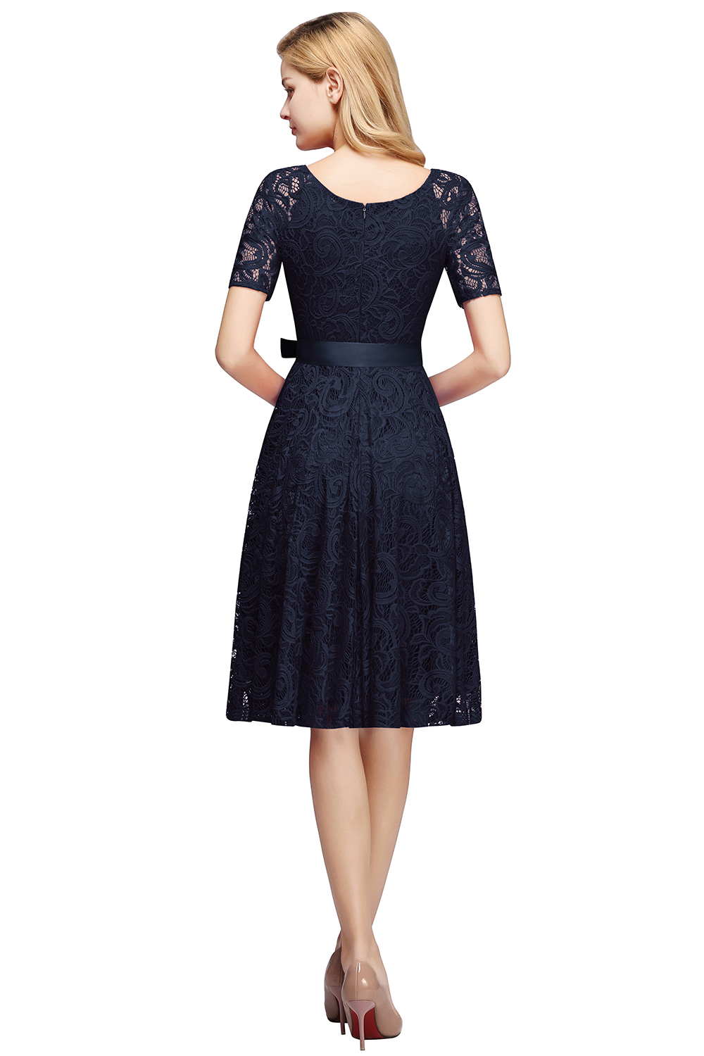A-line V-neck Short Sleeves Knee-length Lace Bridesmaid Dress With Ribbons 13