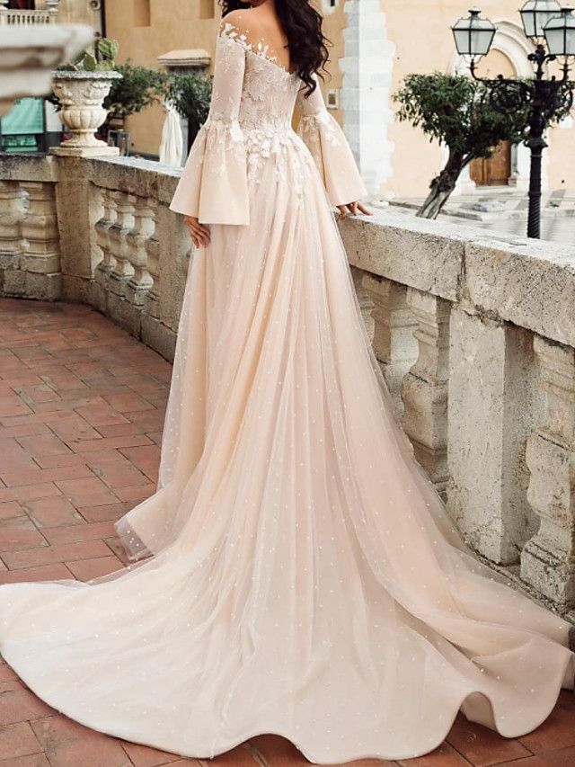 A-line V-neck Long Sleeves Court Train Lace Wedding Gown With Lace 2