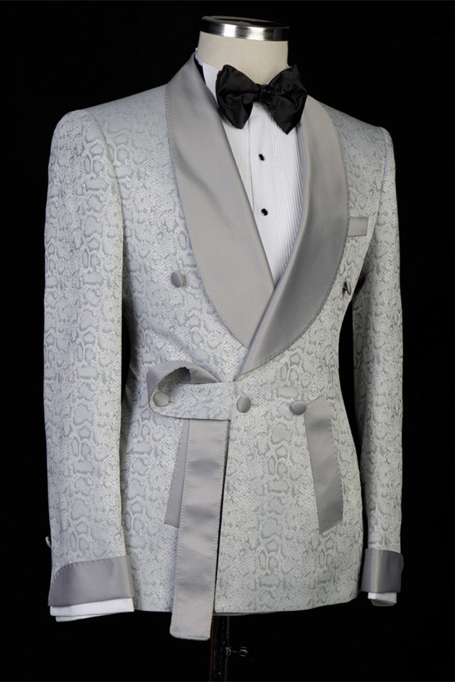 Silver Double Breasted Men's Suit with Shawl Lapel for Wedding 3