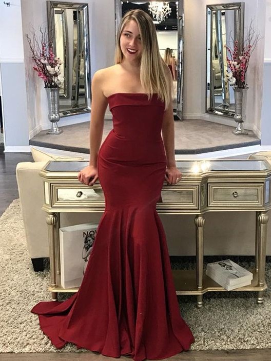Mermaid Strapless Sleeveless Stretch Satin Formal Dress With Sweep / Brush Train 1