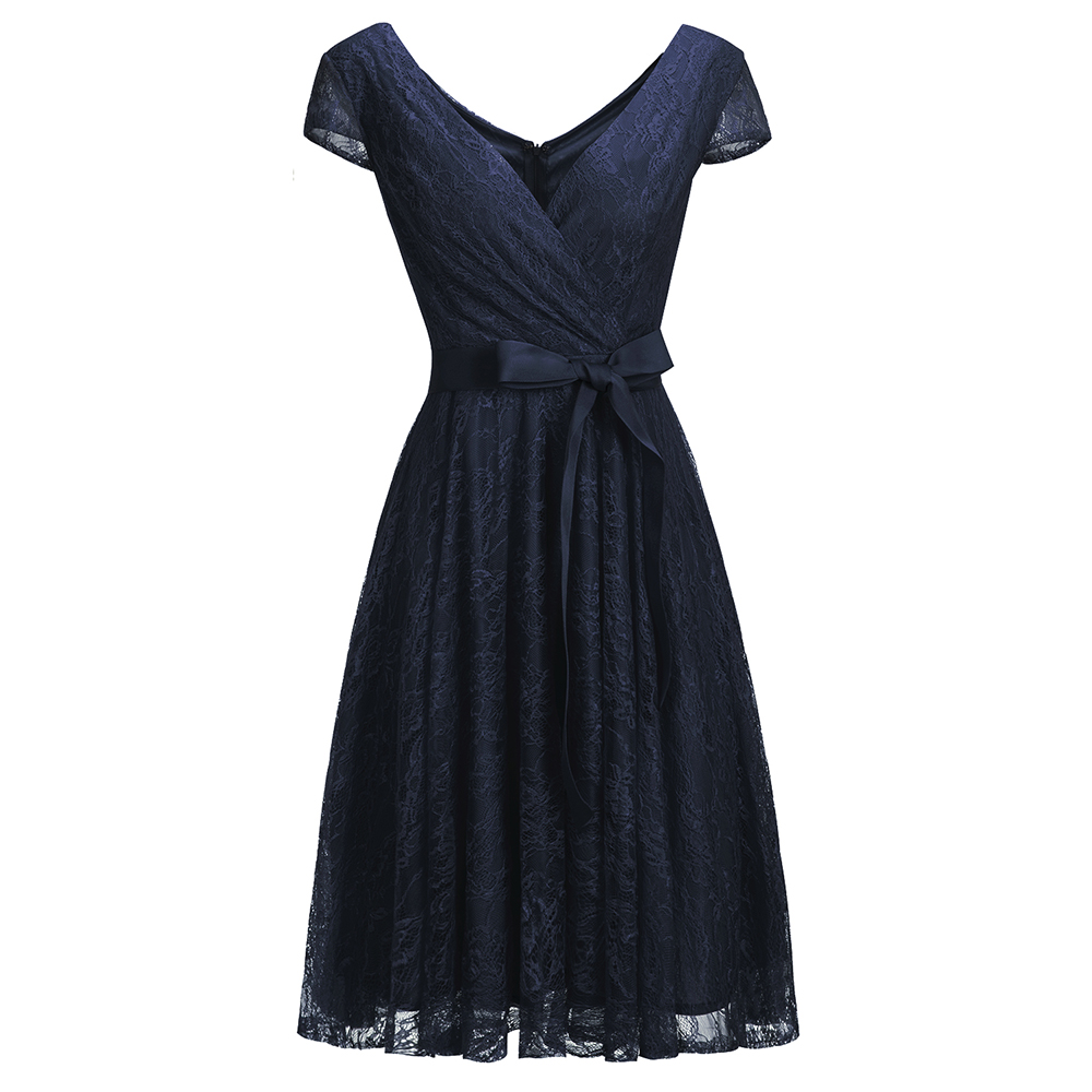 A-line V-neck Short Sleeves Knee-length Lace Bridesmaid Dress With Ribbons 10