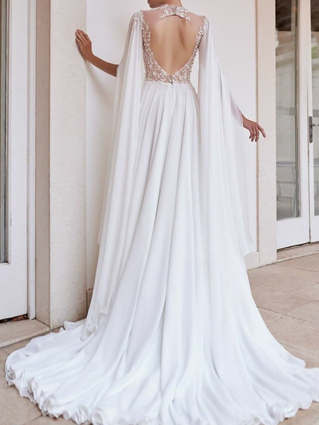 A-line Long Sleeves Court Train Tulle Bridal Gown With Lace 2
