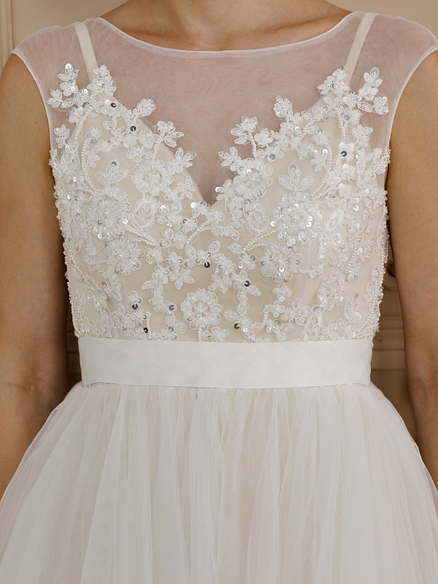 A-line Cap Sleeves Sweep / Brush Train Tulle Bridal Gown With Buttons 6