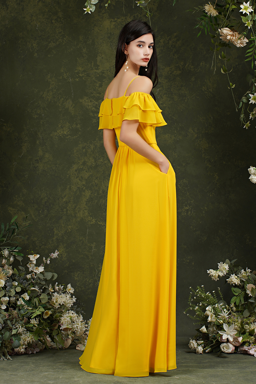 A-line Spaghetti Straps Cap Sleeves Floor-length 100D Chiffon Bridesmaid Dress With Split Front 6