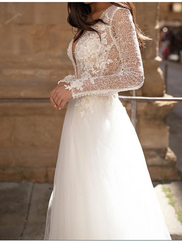 A-line Plunging Neckline Long Sleeves Court Train Tulle Bridal Gown With Lace 2