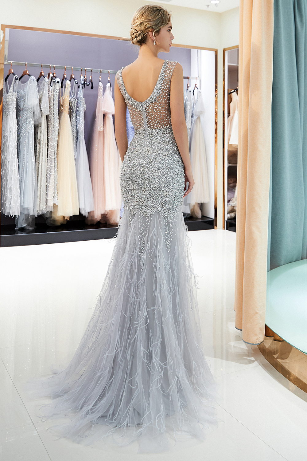 Mermaid Jewel Neck Sleeveless Court Train Tulle Formal Dress With Crystal 2