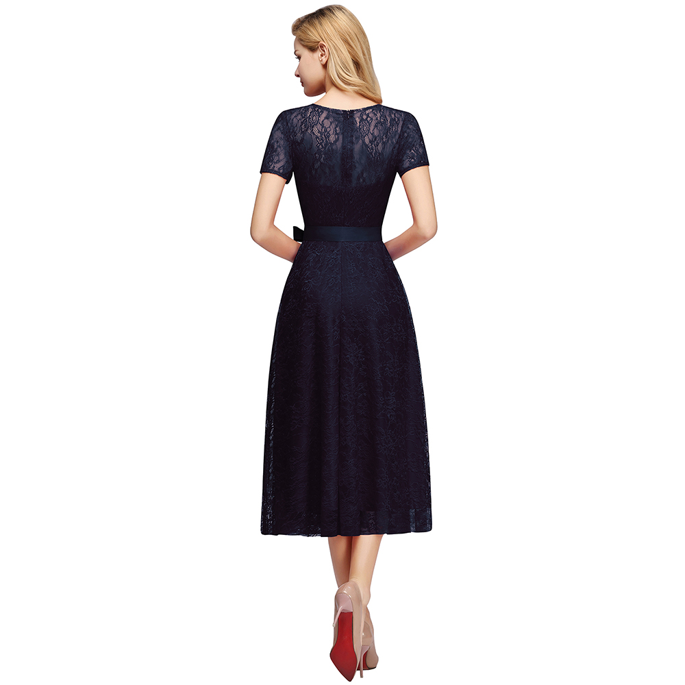 A-line V-neck Short Sleeves Mini Lace Bridesmaid Attire With Ribbons 12