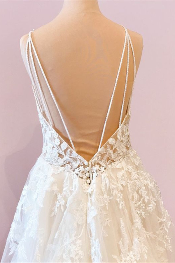 A-line Plunging Neckline Sleeveless Sweep / Brush Train Tulle Wedding Gown With Appliques 4