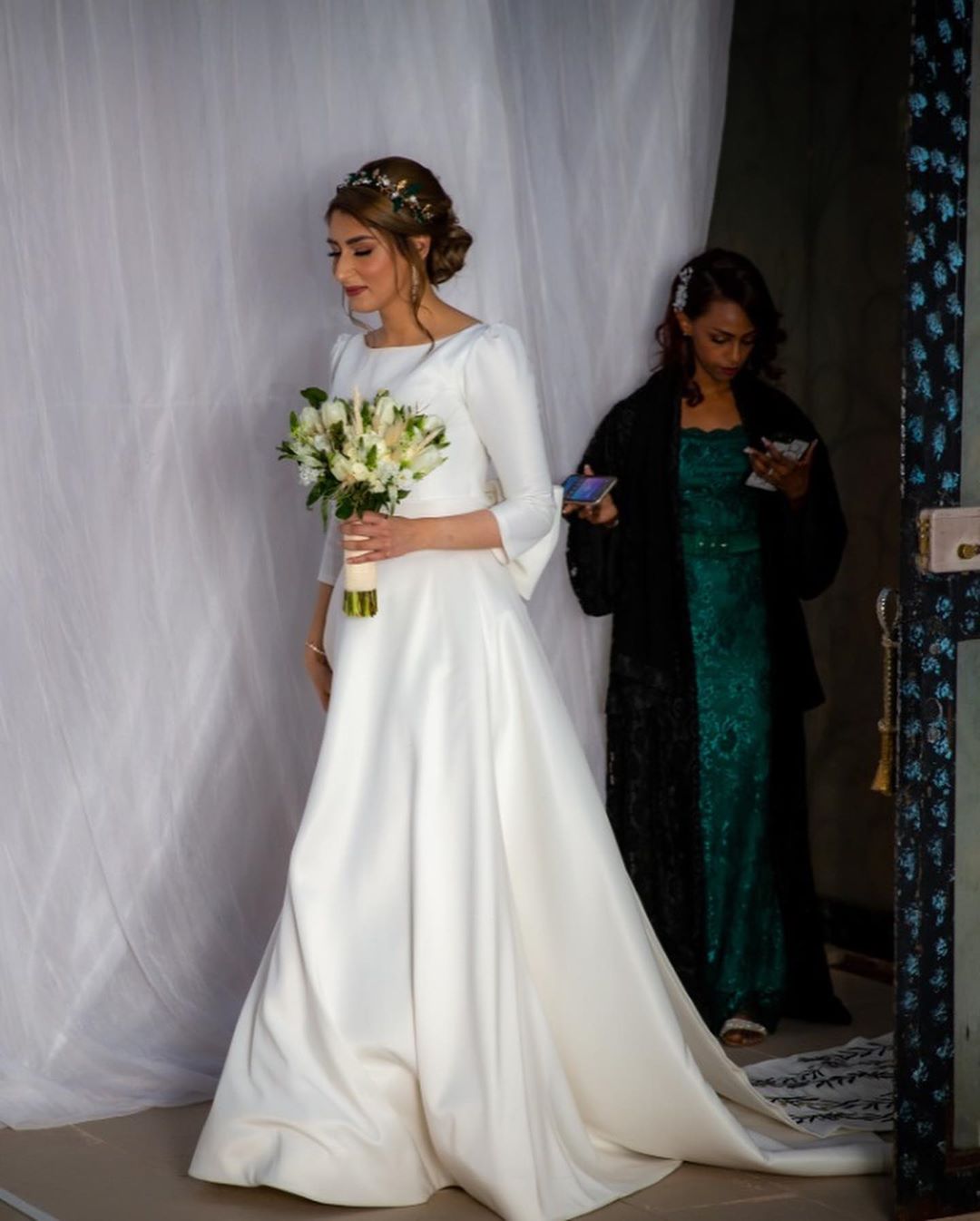 A-line Bateau Neck Long Sleeves Cathedral Train Satin Wedding Gown With Ruffles 5