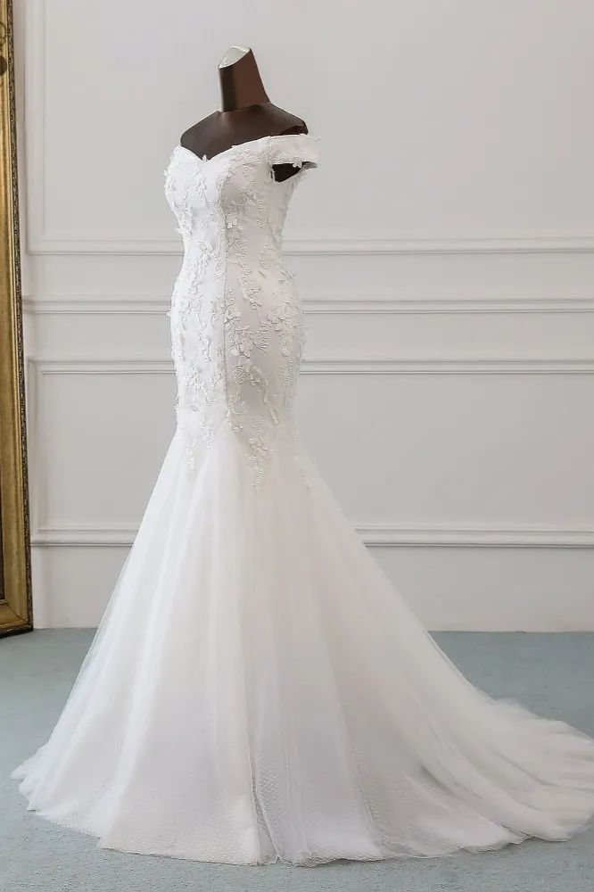 Mermaid Off-the-shoulder Sweetheart Neck Sleeveless Floor-length Tulle Bridal Dress With Lace 3