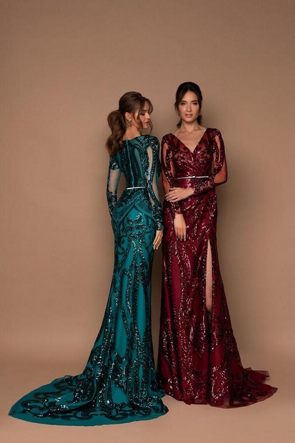 Mermaid V-neck Long Sleeves Floor-length Evening Gown With Beading 2