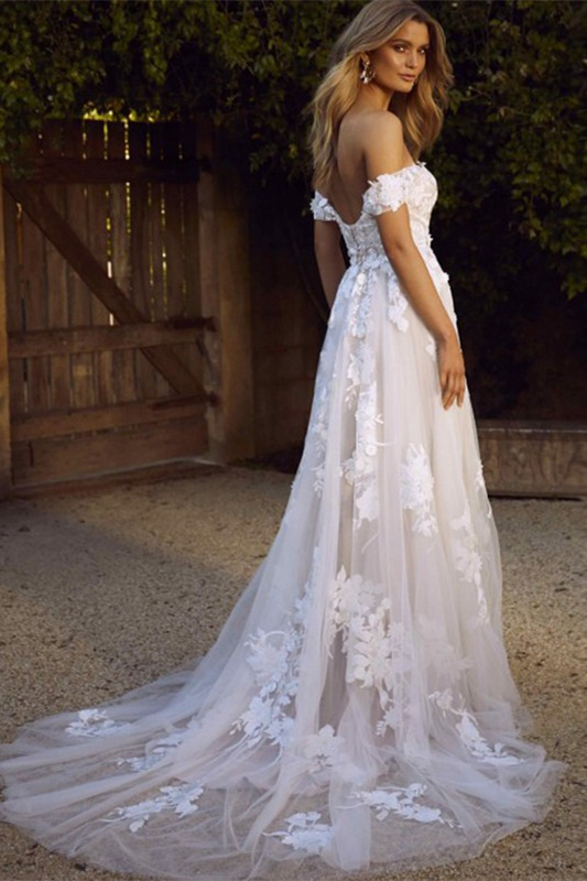A-line Off-the-shoulder Sleeveless Floor-length Wedding Dress With Appliques 2