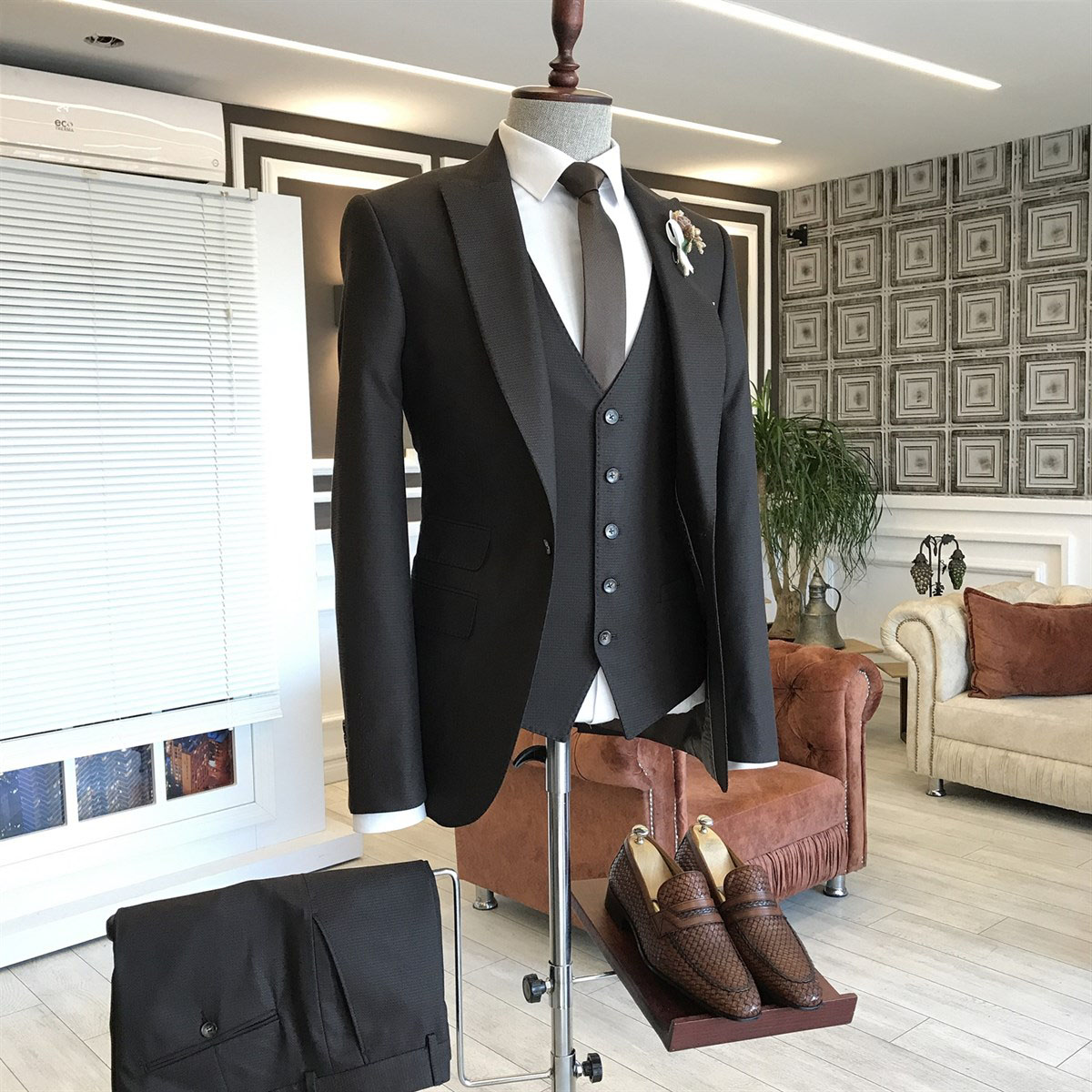 All Black Double Breasted Waistcoat Business Suit 2