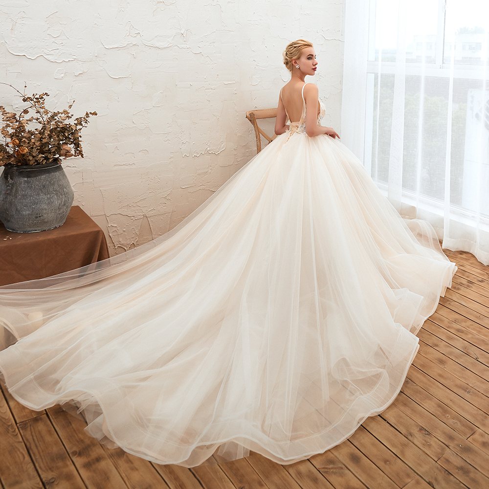 A-line Spaghetti Straps V-neck Sleeveless Cathedral Train Tulle Wedding Dress With Beading 9