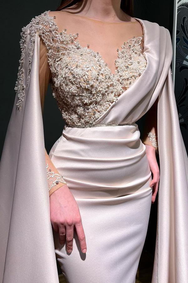 Mermaid Jewel Neck Long Sleeves Floor-length Stretch Satin Formal Dress With Appliques 5