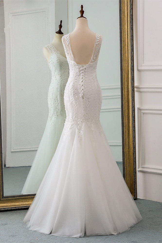 Mermaid V-neck Sleeveless Floor-length Tulle Wedding Gown With Beading 2