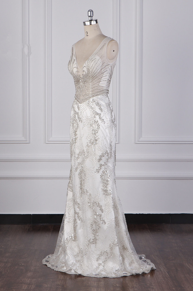 Column V-neck Sleeveless Floor-length Tulle Bridal Attire With Beading 3