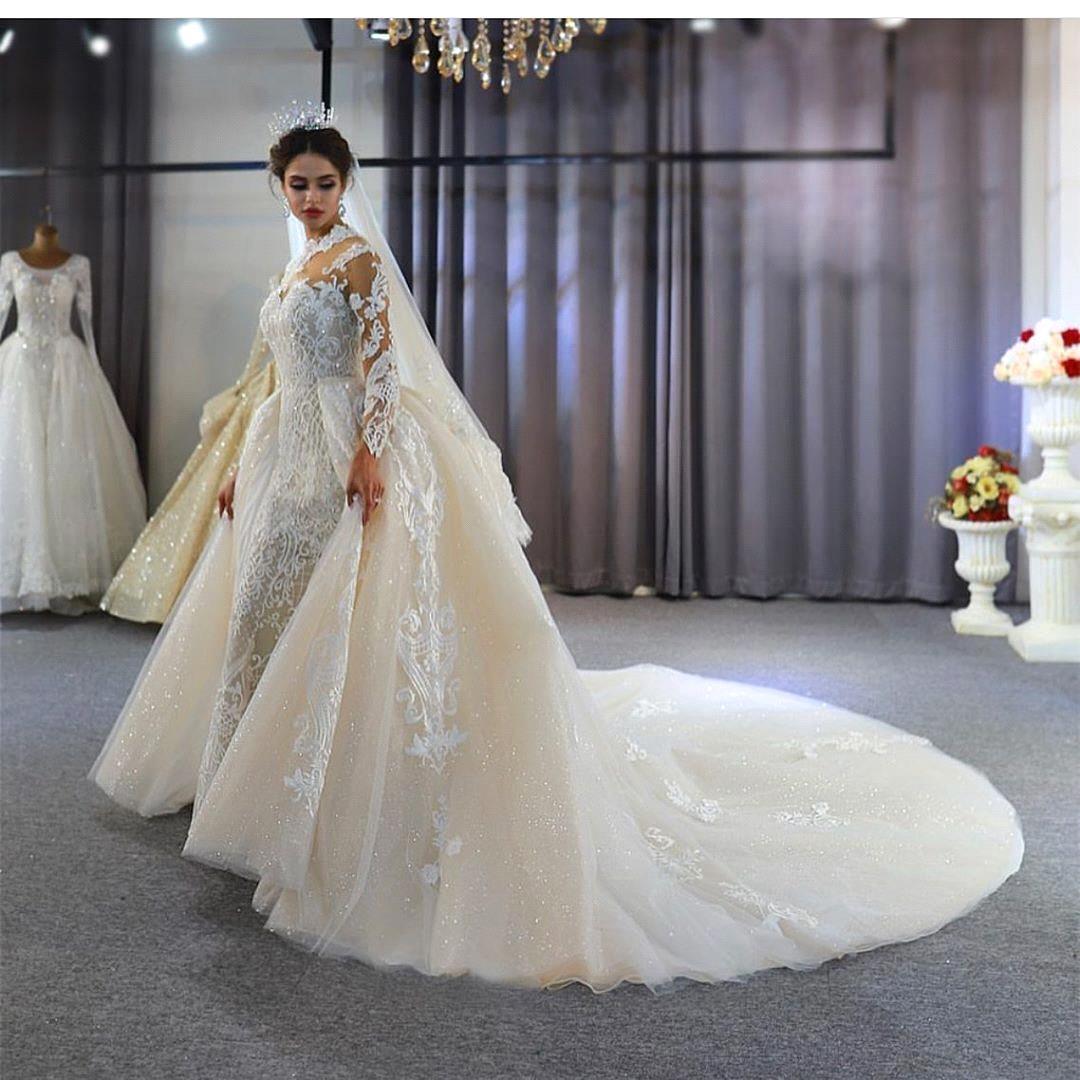 Mermaid Jewel Neck Long Sleeves Floor-length Tulle Bridal Dress With Appliques 6