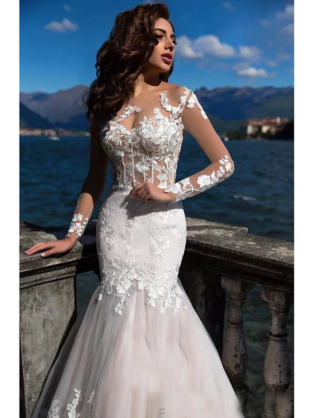 Mermaid Bateau Neck Long Sleeves Court Train Lace Wedding Gown With Beading 3