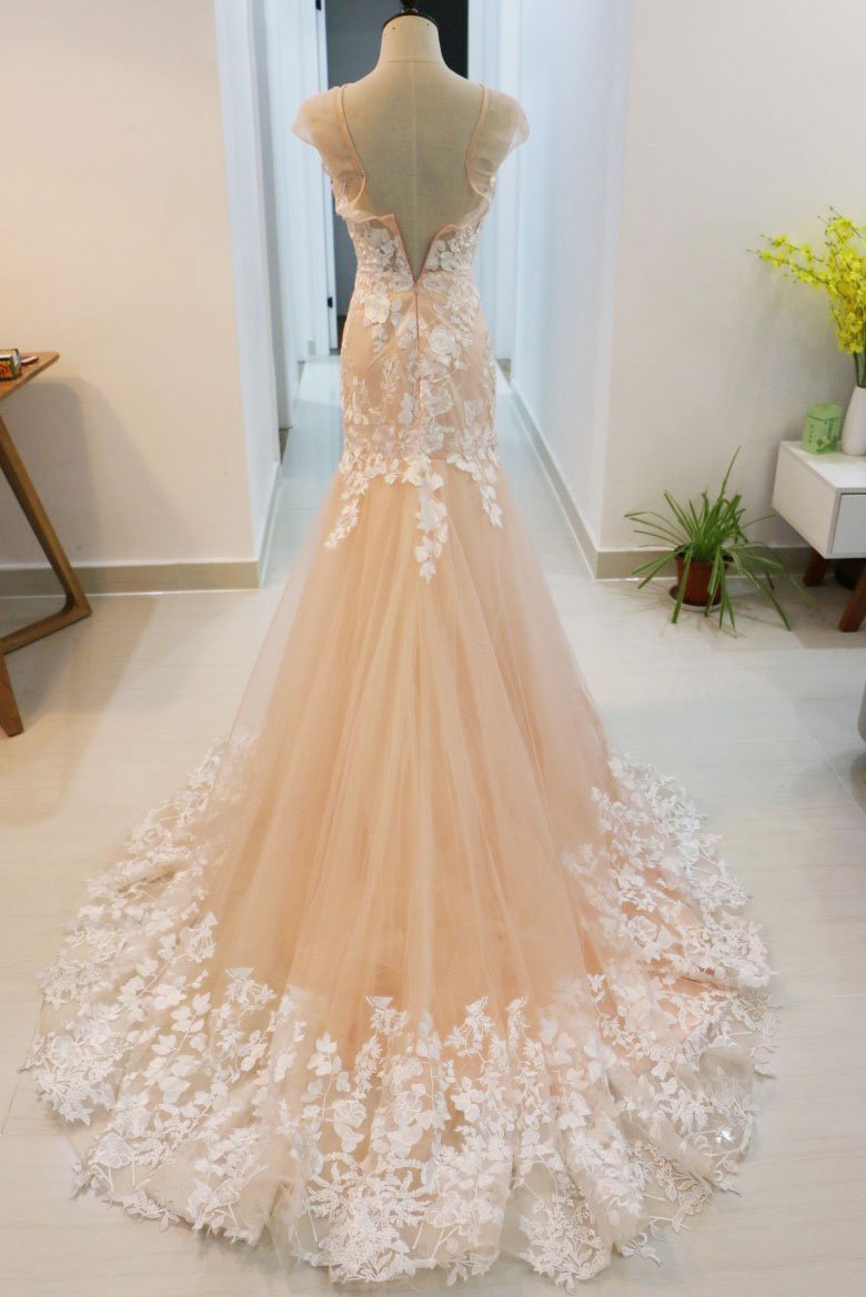 Mermaid High Neck Sleeveless Sweep / Brush Train Tulle Evening Dress With Appliques 2