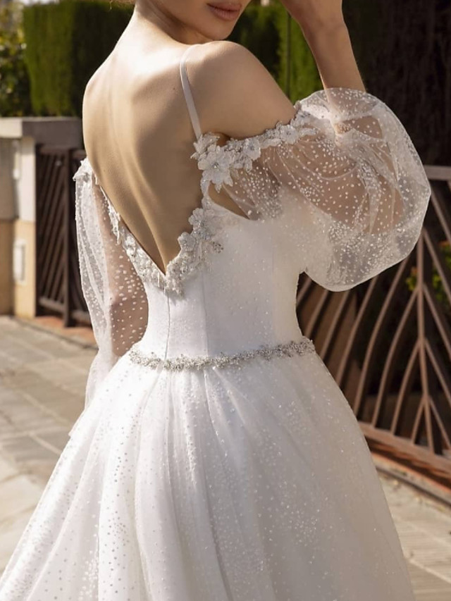A-line Long Sleeves Sweep / Brush Train Lace Wedding Gown With Sequins 2