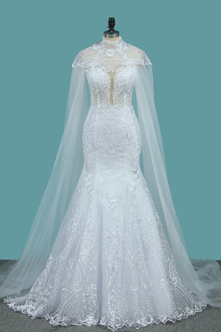 Mermaid Jewel Neck Sleeveless Floor-length Tulle Wedding Gown With Appliques 3
