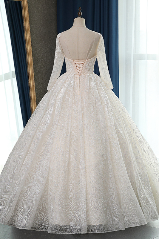 Ball Gown Jewel Neck Long Sleeves Floor-length Tulle Bridal Dress With Appliques 2