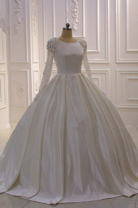 Ball Gown Jewel Neck Long Sleeves Floor-length Satin Wedding Dress With Beading 2