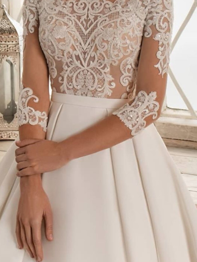 A-line Bateau Neck 3/4-Length Sleeves Sweep / Brush Train Tulle Bridal Gown With Lace 3