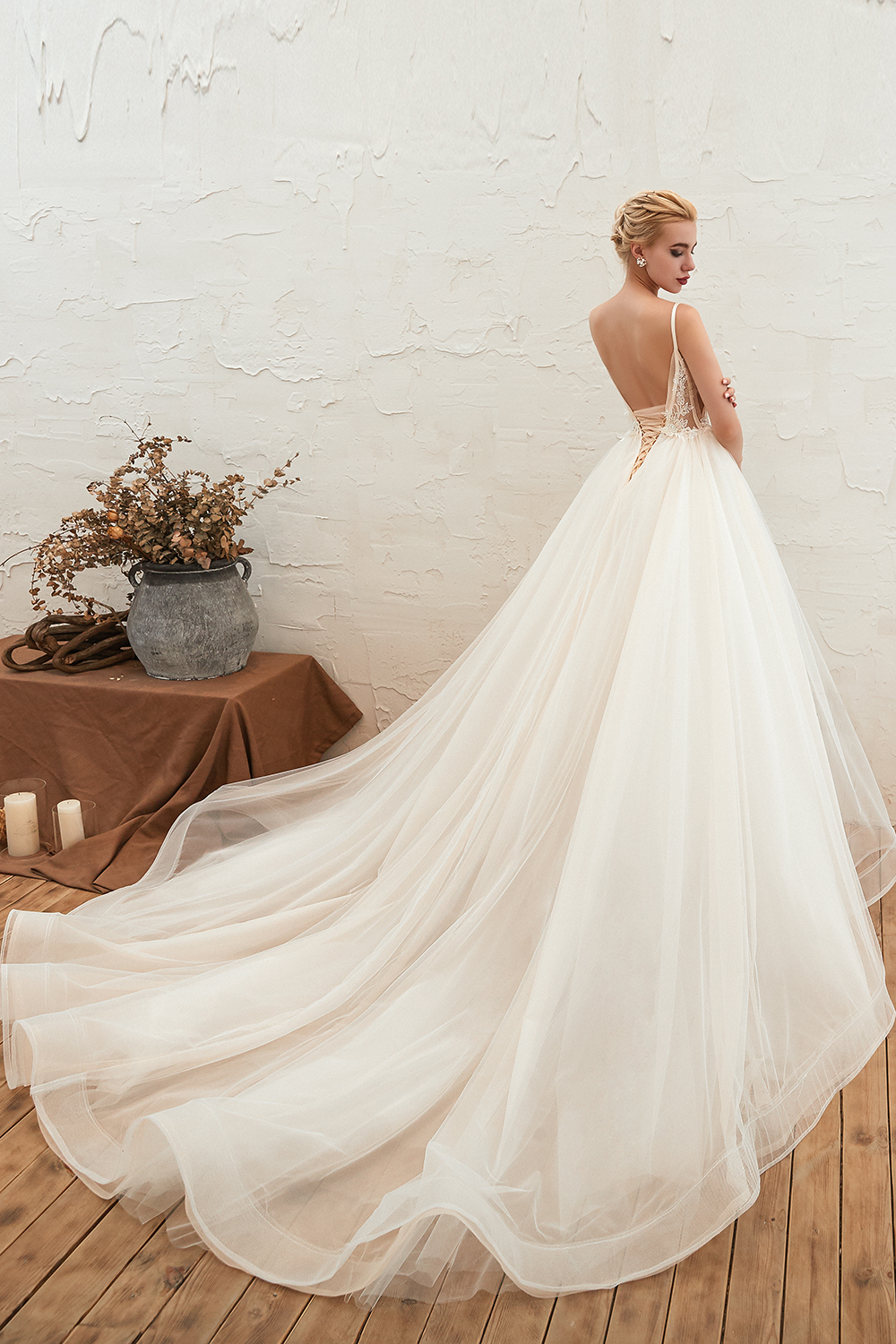 A-line Spaghetti Straps V-neck Sleeveless Cathedral Train Tulle Wedding Dress With Beading 15