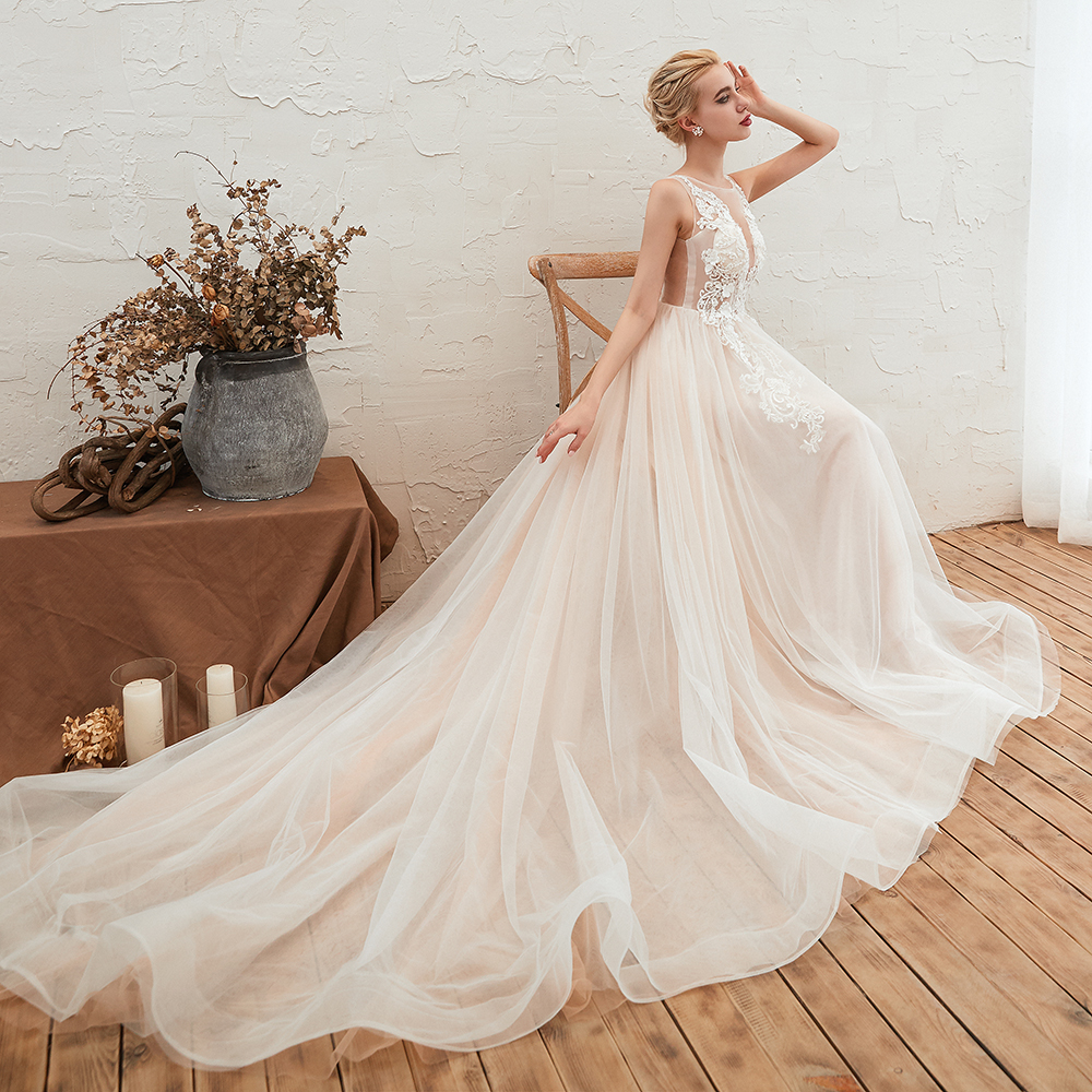 Ball Gown Jewel Neck Sleeveless Chapel Train Tulle Wedding Gown With Rhinestone 11