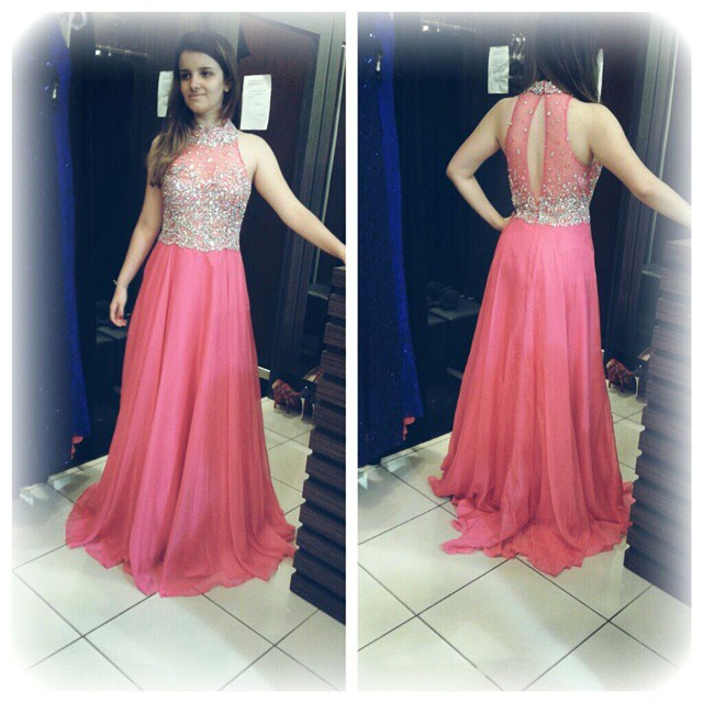 A-line Halter-neck Sleeveless Sweep / Brush Train 100D Chiffon Evening Gown With Sequins 5