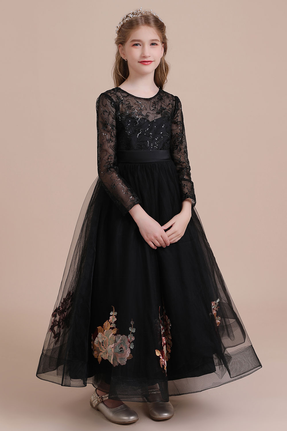 A-line Jewel Neck Long Sleeves Ankle-length Tulle Flower Girl Dress With Appliques 5