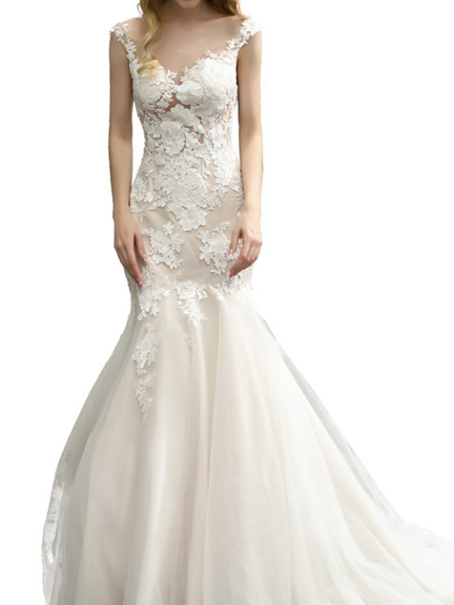 Mermaid V-neck Sleeveless Sweep / Brush Train Tulle Wedding Gown With Buttons 4