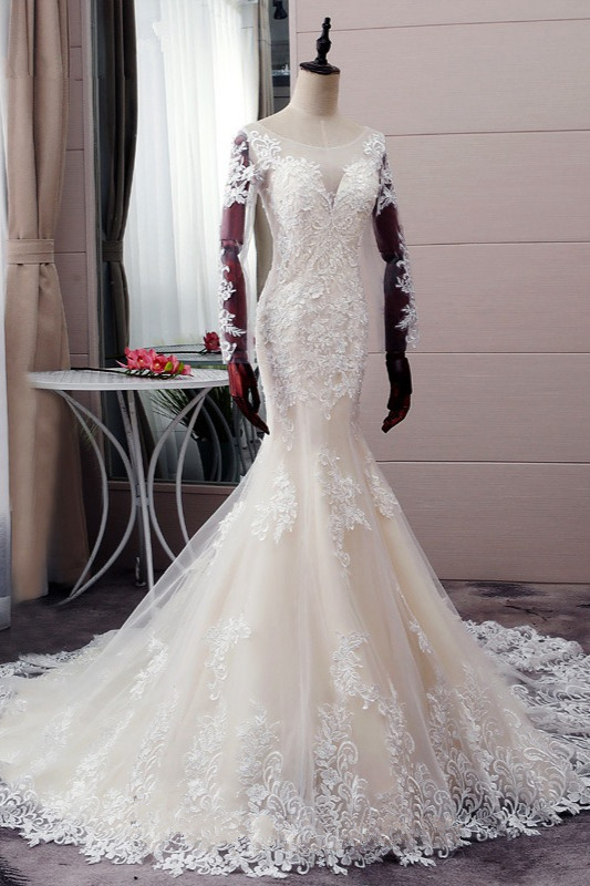 Mermaid Jewel Neck Long Sleeves Floor-length Tulle Bridal Attire With Appliques 3