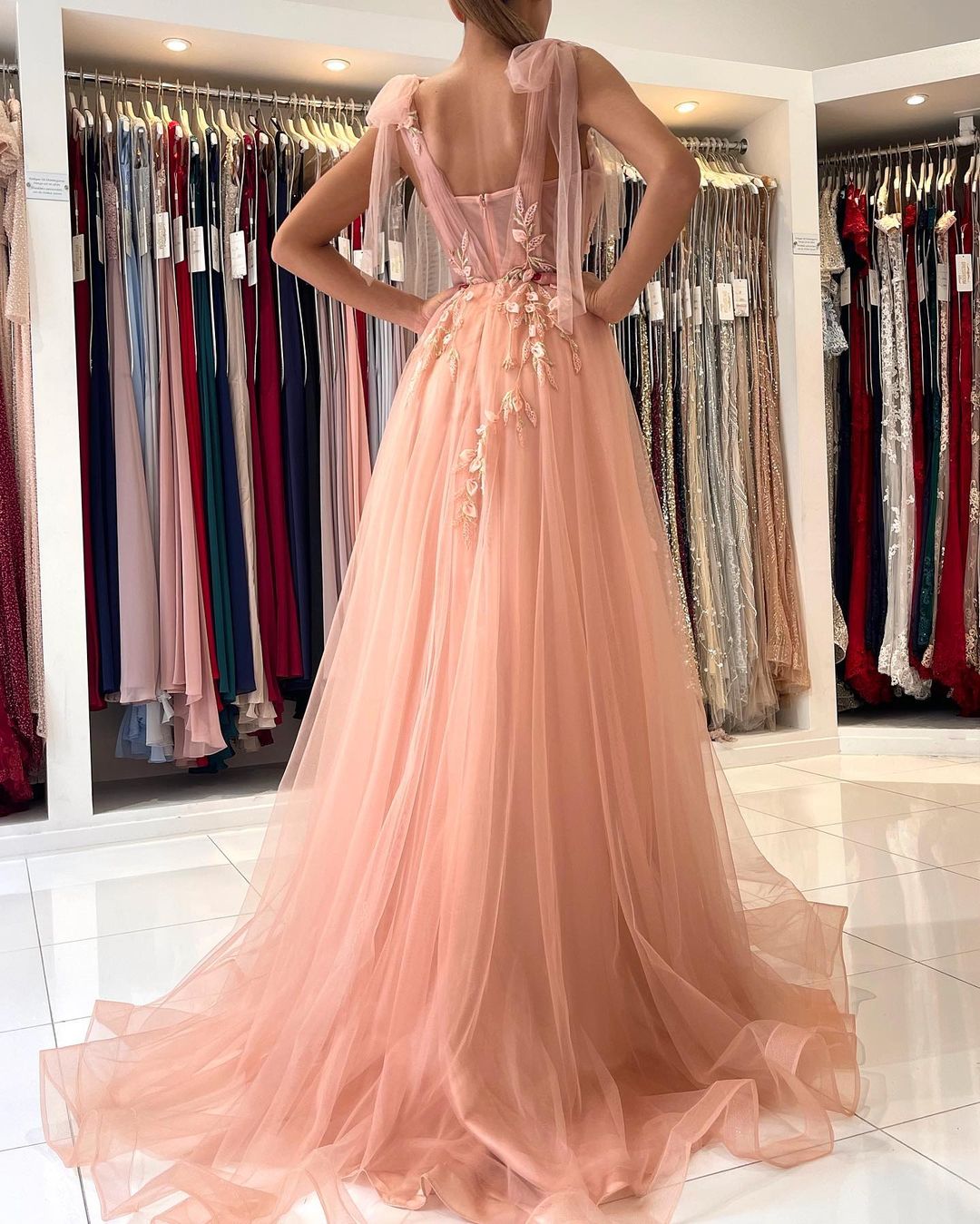 A-line Spaghetti Straps Sleeveless Floor-length Tulle Evening Dress With Lace 7