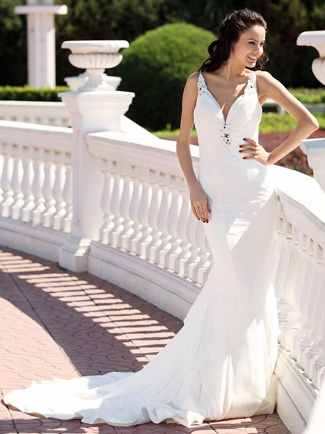 Mermaid V-neck Sleeveless Court Train 100D Chiffon Wedding Gown With Beading 2