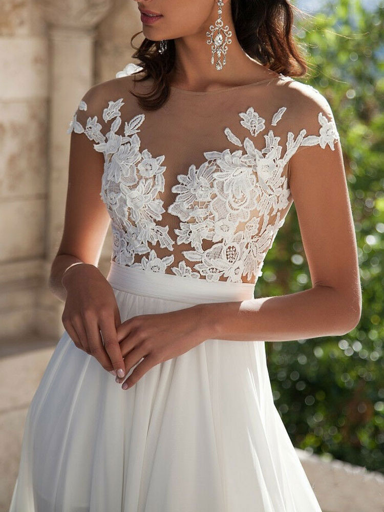A-line V-neck Sleeveless Sweep / Brush Train 100D Chiffon Bridal Dress With Buttons 2