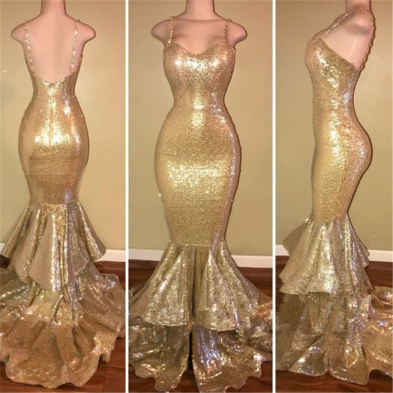 Mermaid Spaghetti Straps Sleeveless Sweep / Brush Train Evening Dress With Sequins 2