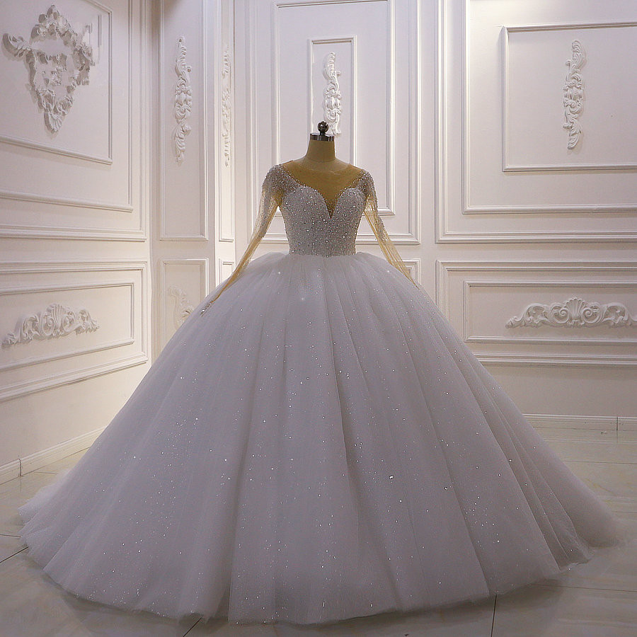 Ball Gown Jewel Neck Long Sleeves Floor-length Tulle Bridal Dress With Beading 4